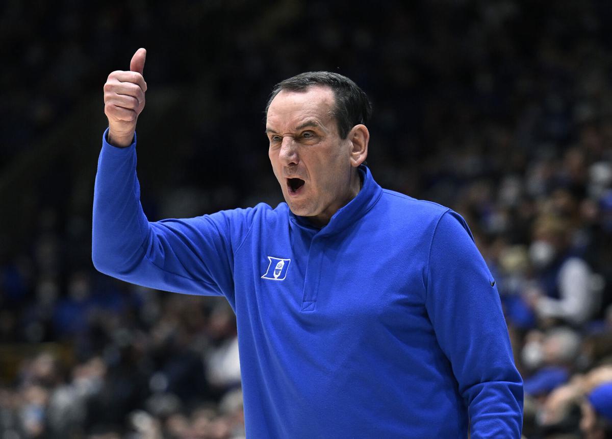 Duke head coach Mike Krzyzewski directs his team during first-half action against Wake Forest at Cameron Indoor Stadium on Feb. 15, 2022, in Durham, North Carolina.