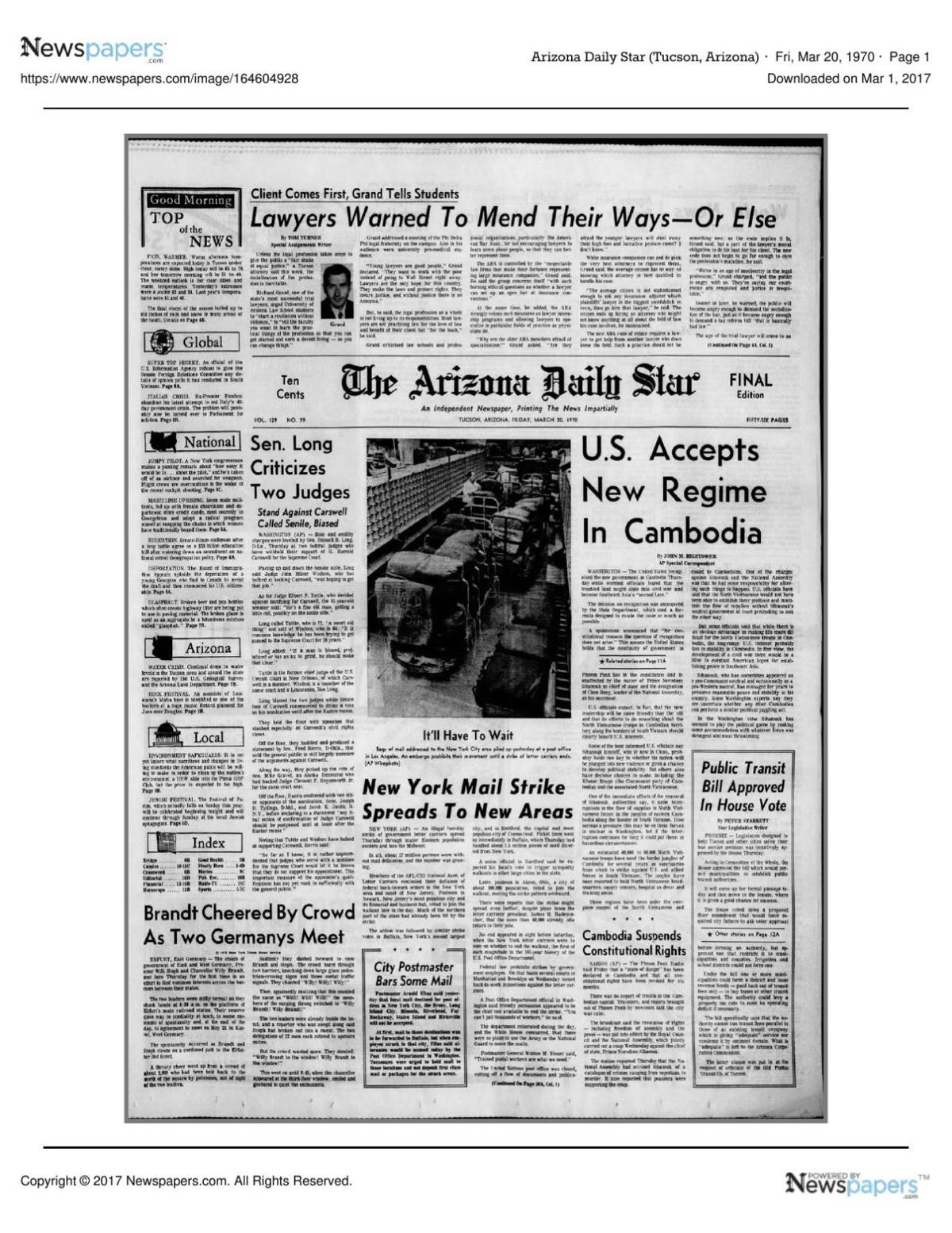 Arizona Daily Star front page March 20, 1970