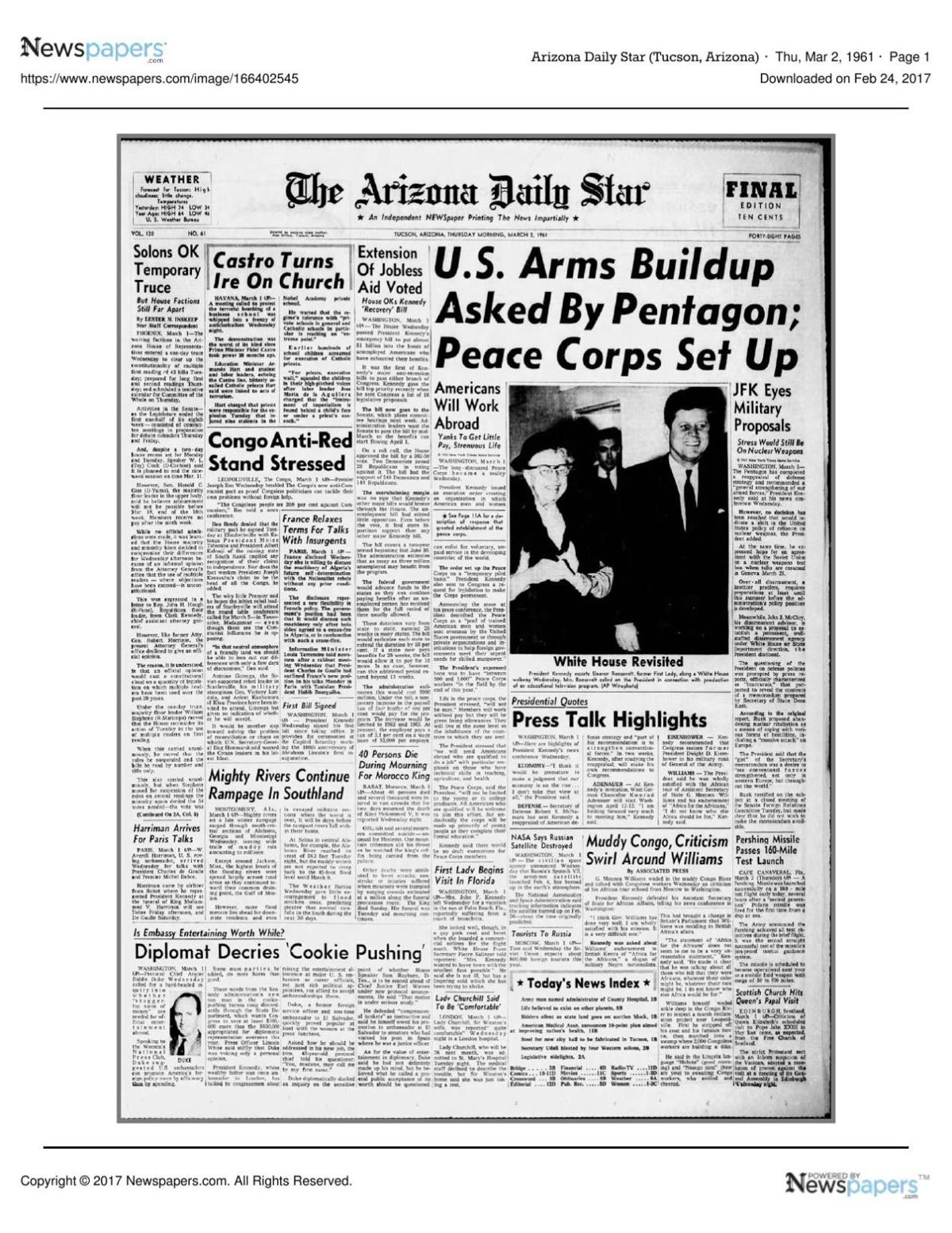 Arizona Daily Star front page March 2, 1961