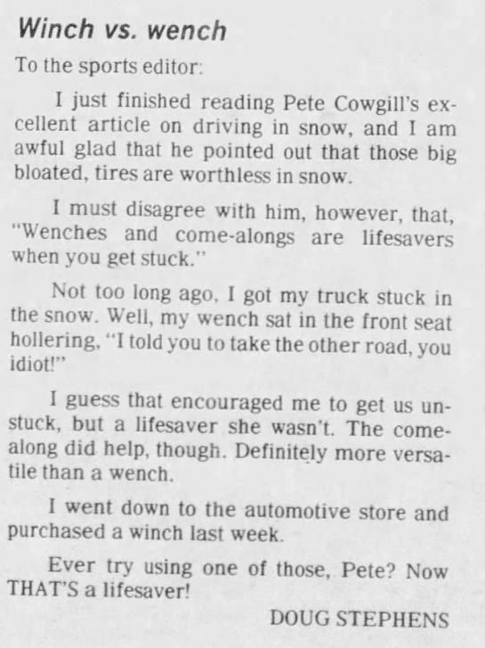 Dec. 8, 1985 Winch vs. wench