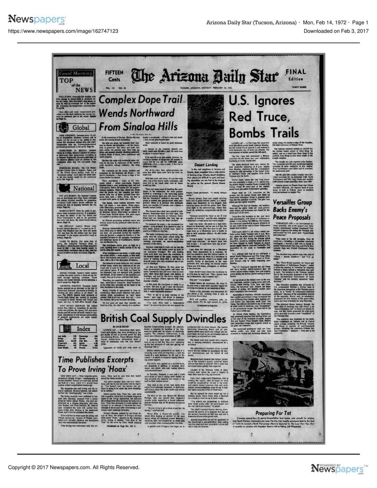 Arizona Daily Star front page Feb. 14, 1972