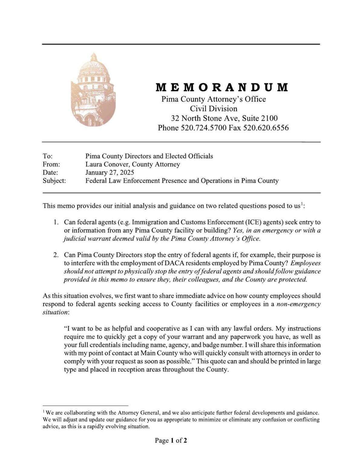 Jan. 27 memo from Pima County Attorney Laura Conover