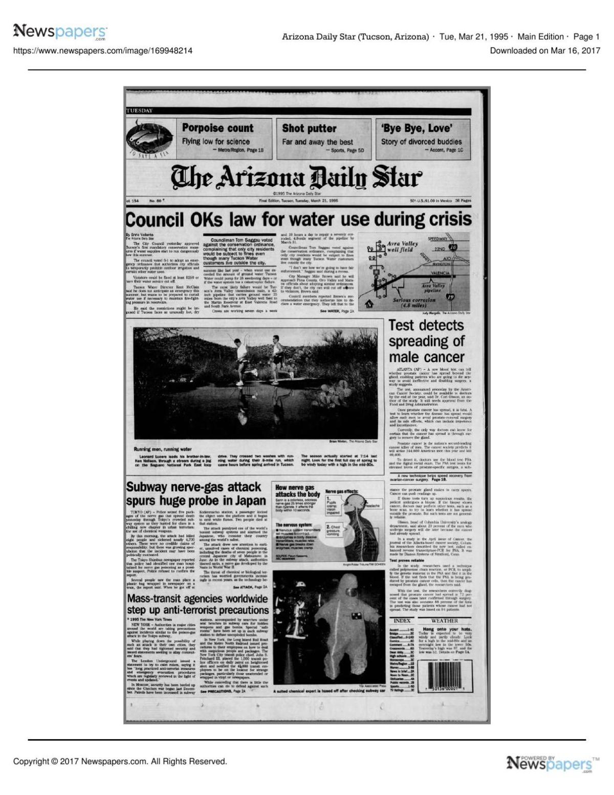 Arizona Daily Star front page March 21, 1995