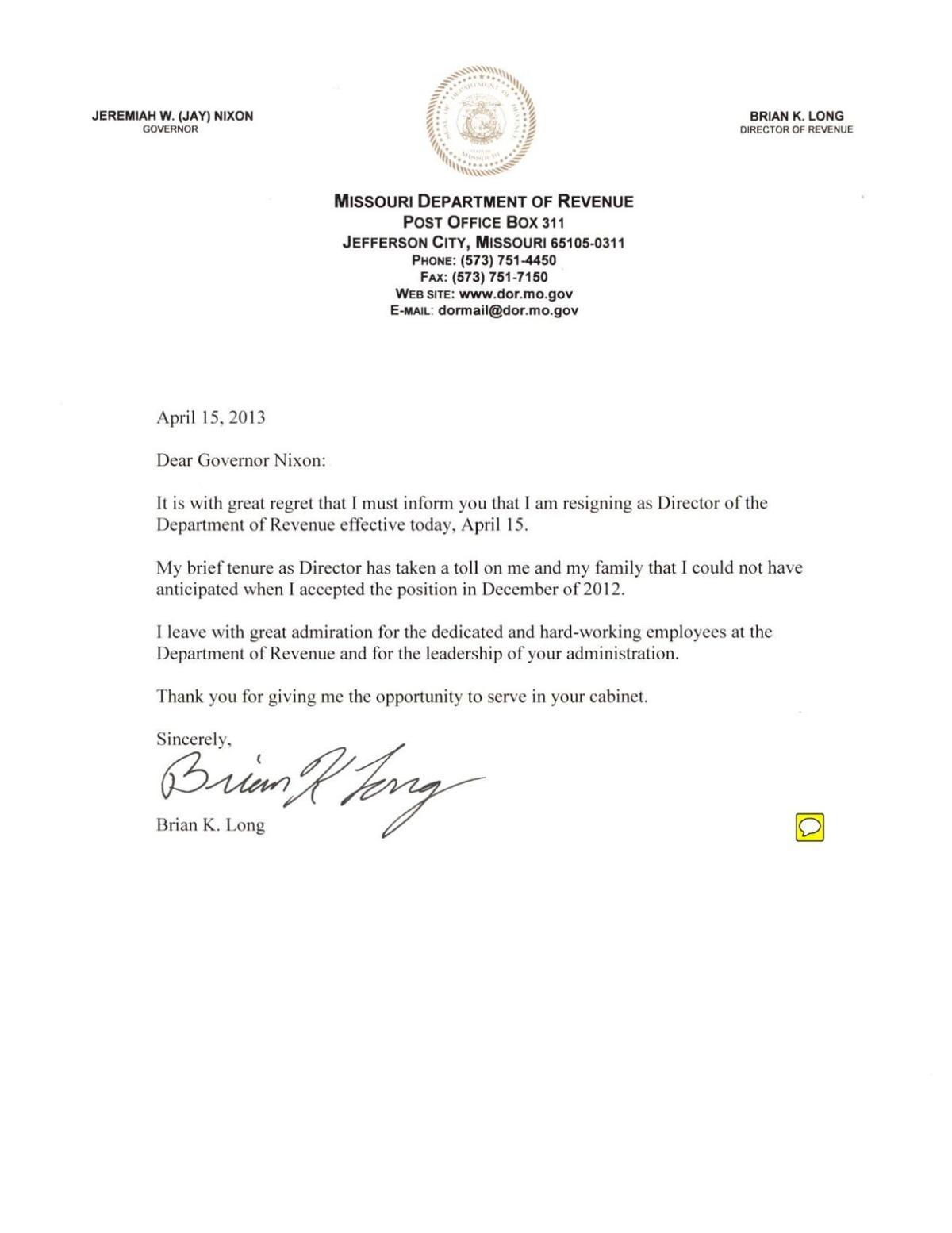 Long's resignation letter