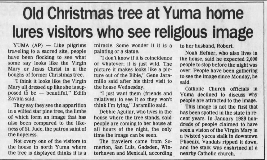 Oct. 26, 1990: Virgin or Jesus in old Christmas tree