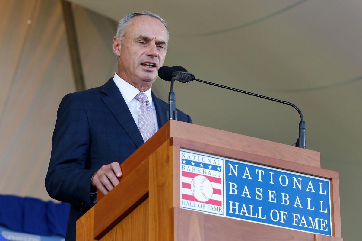 MLB commissioner Rob Manfred speaks at Clark Sports Center during the Baseball Hall of Fame induction ceremony on July 29, 2018, in Cooperstown, N.Y.
