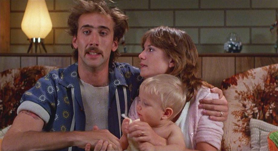 Nicolas Cage as H.I. McDunnough and Holly Hunter as Edwina 'Ed' McDunnough in the 1987 film "Raising Arizona."