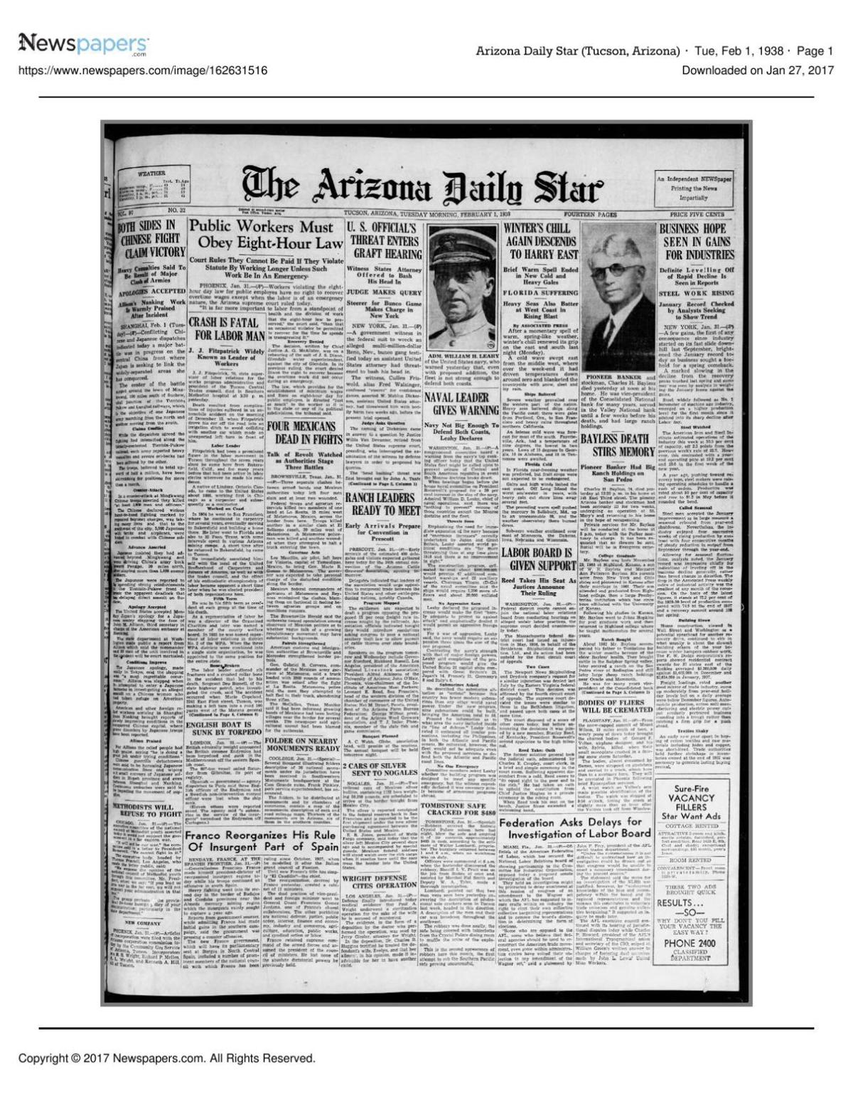 Arizona Daily Star front page Feb. 1, 1938