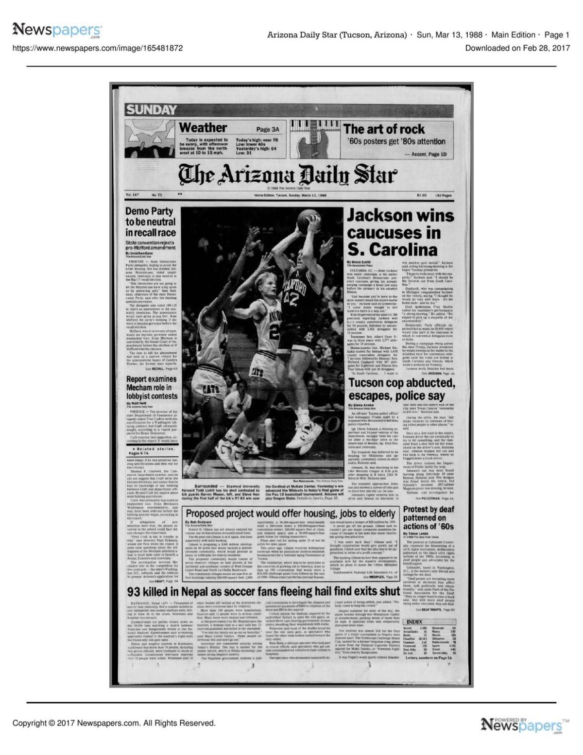 Arizona Daily Star front page March 13, 1988
