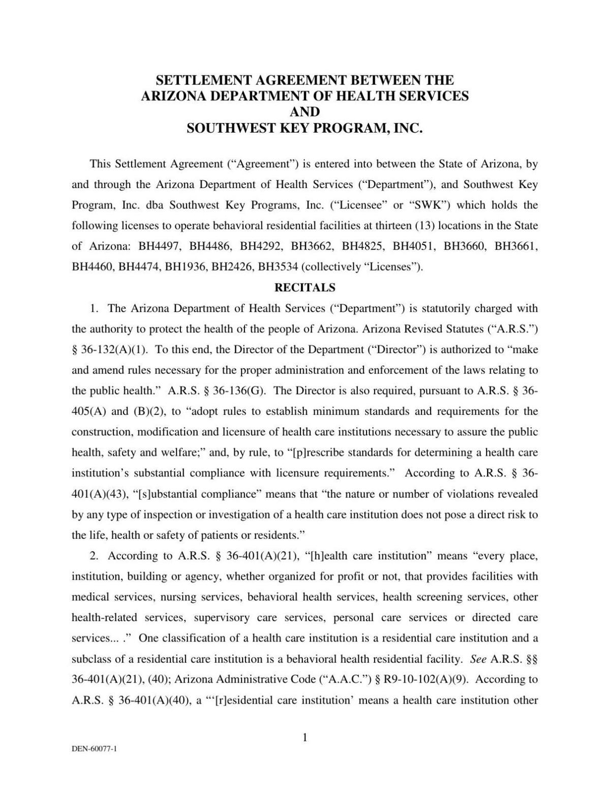 Southwest Key and ADHS agreement