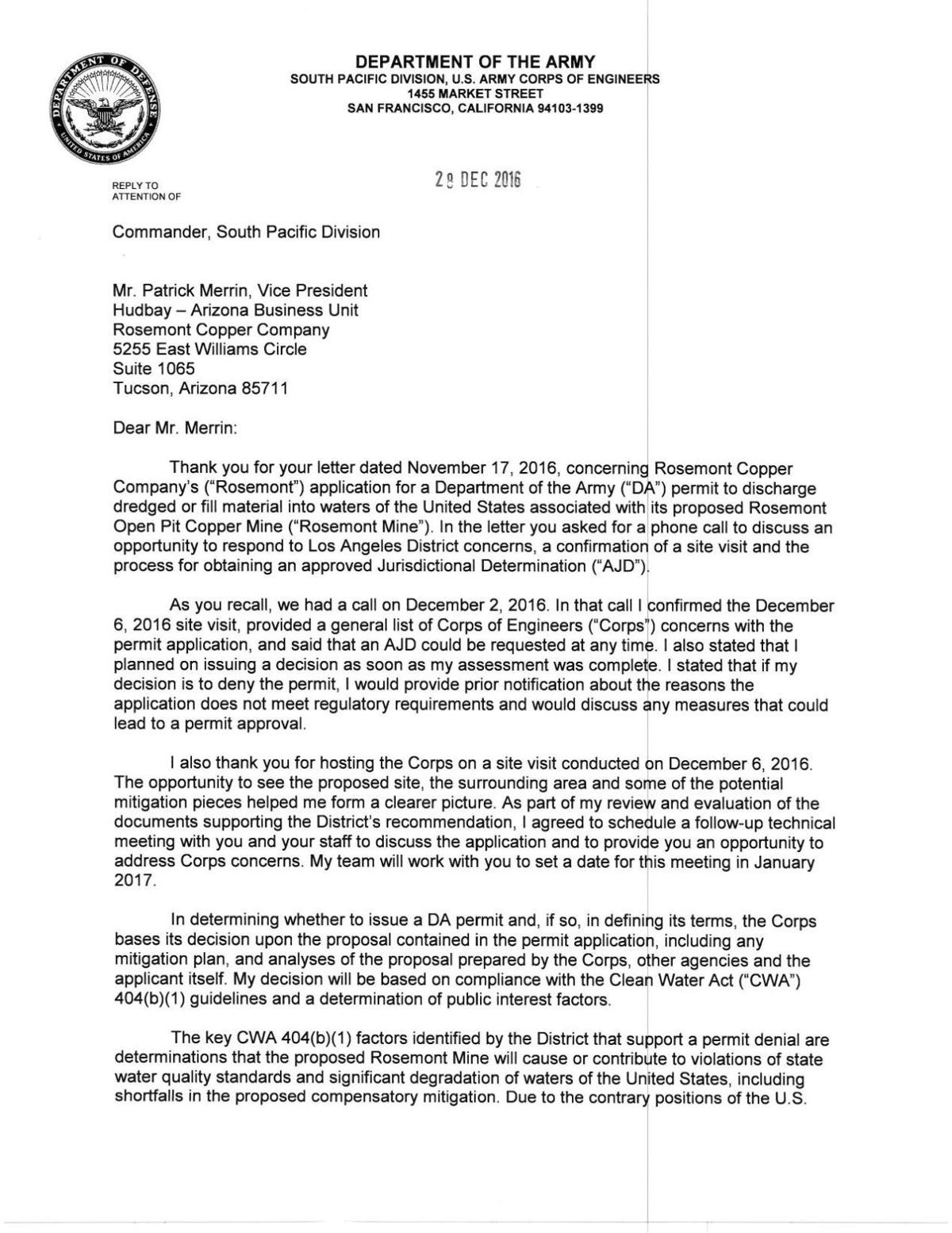 Dec. 28, 2016 letter from Corps to Hudbay