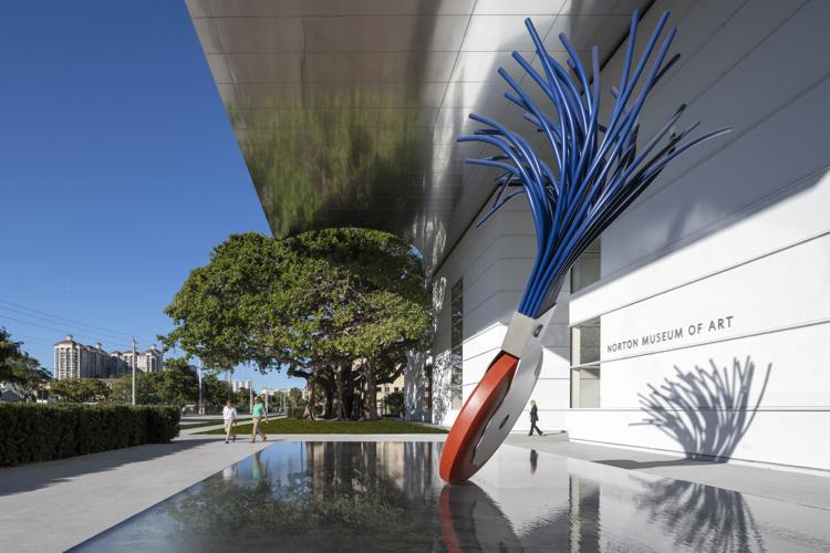 The Norton Museum of Art's new Heyman Plaza, designed by Foster + Partners. Featuring Typewriter Eraser, Scale X (1999) by Claes Oldenburg and Coosje Van Bruggen.