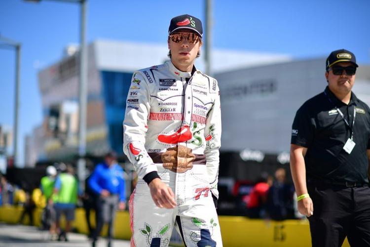 Mar 14, 2026; Las Vegas, Nevada, USA; Spire Motorsports driver Carson Hocevar (77) during qualifying at Las Vegas Motor Speedway. Mandatory Credit: Gary A. Vasquez-Imagn Images