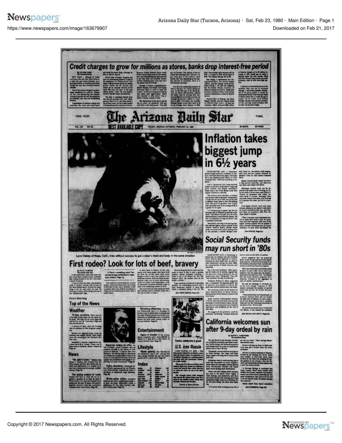 Arizona Daily Star front page Feb. 23, 1980