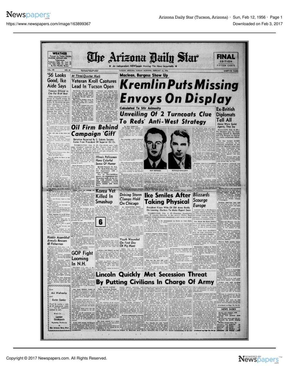 Arizona Daily Star front page Feb. 12, 1956