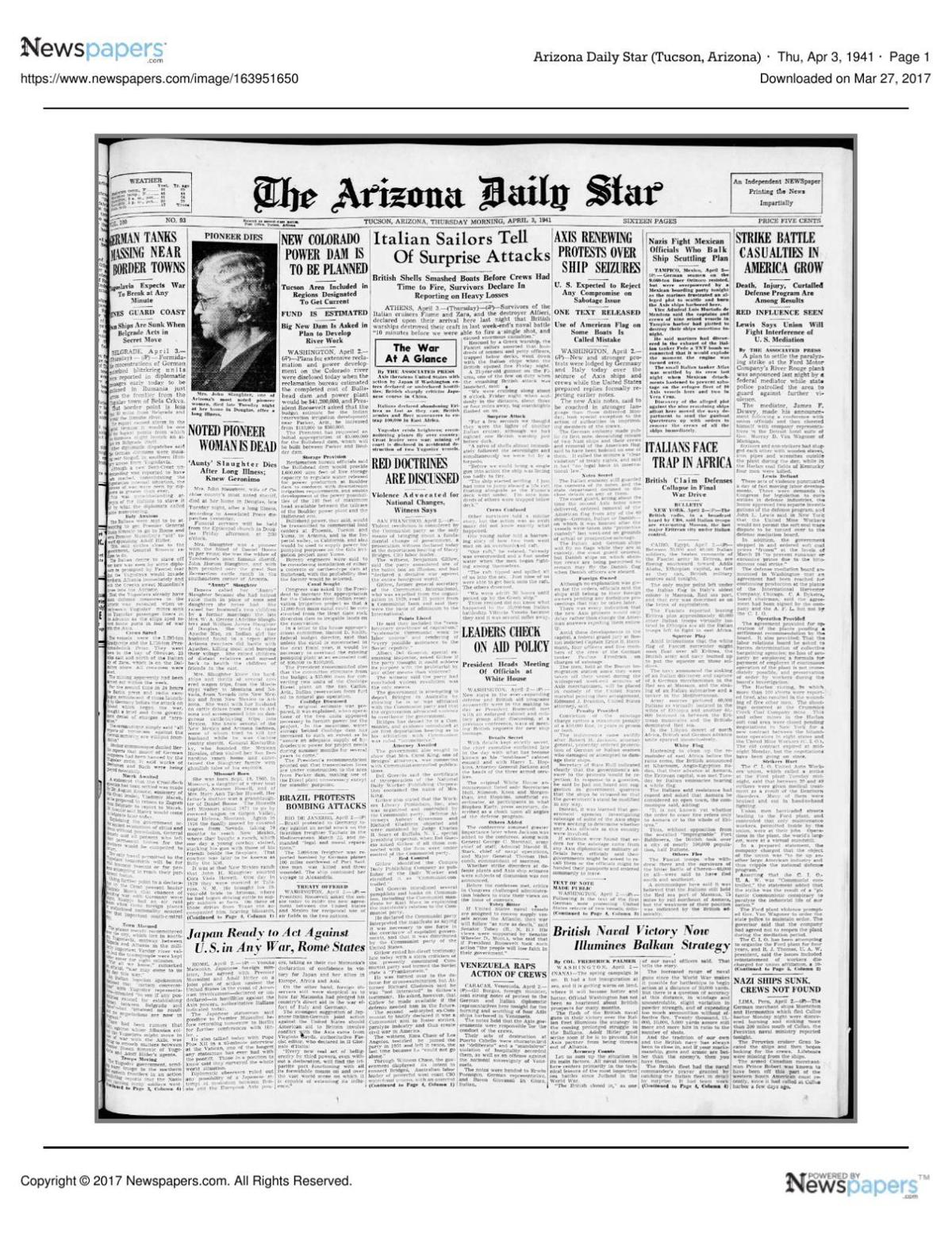 Arizona Daily Star front page April 3, 1941
