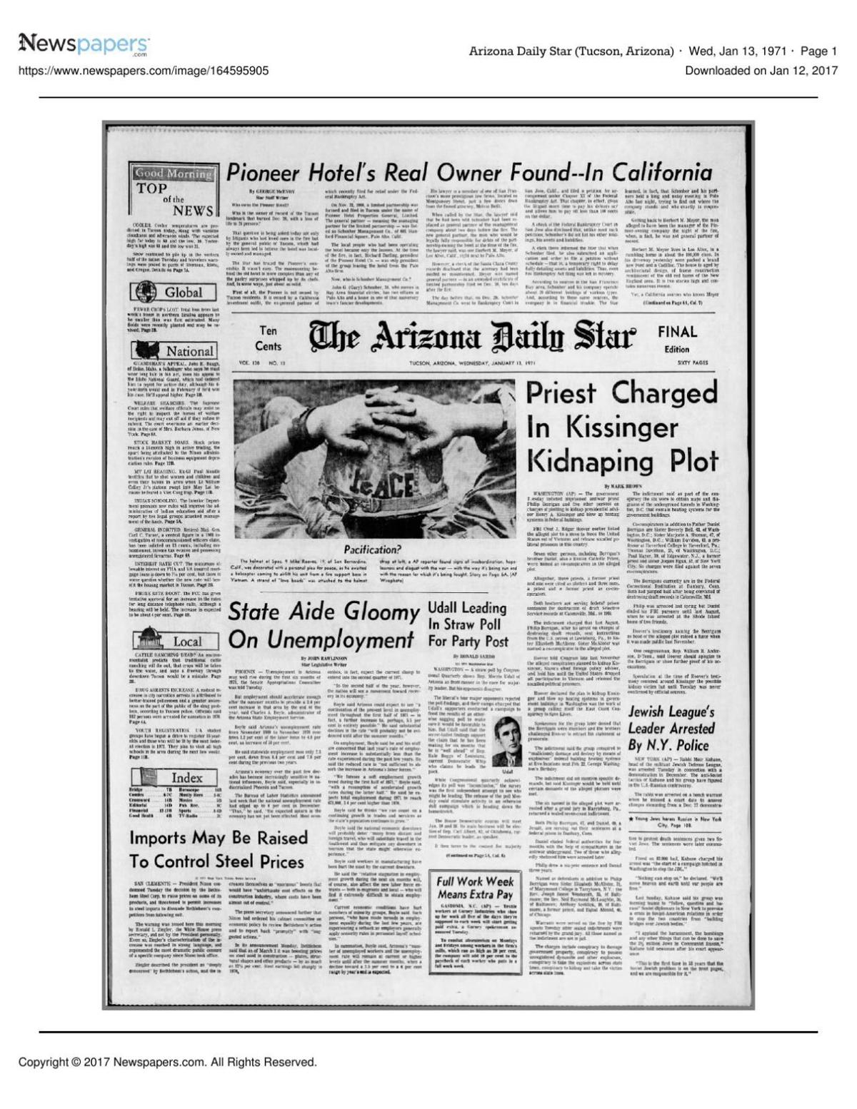 Arizona Daily Star front page Jan. 13, 1971