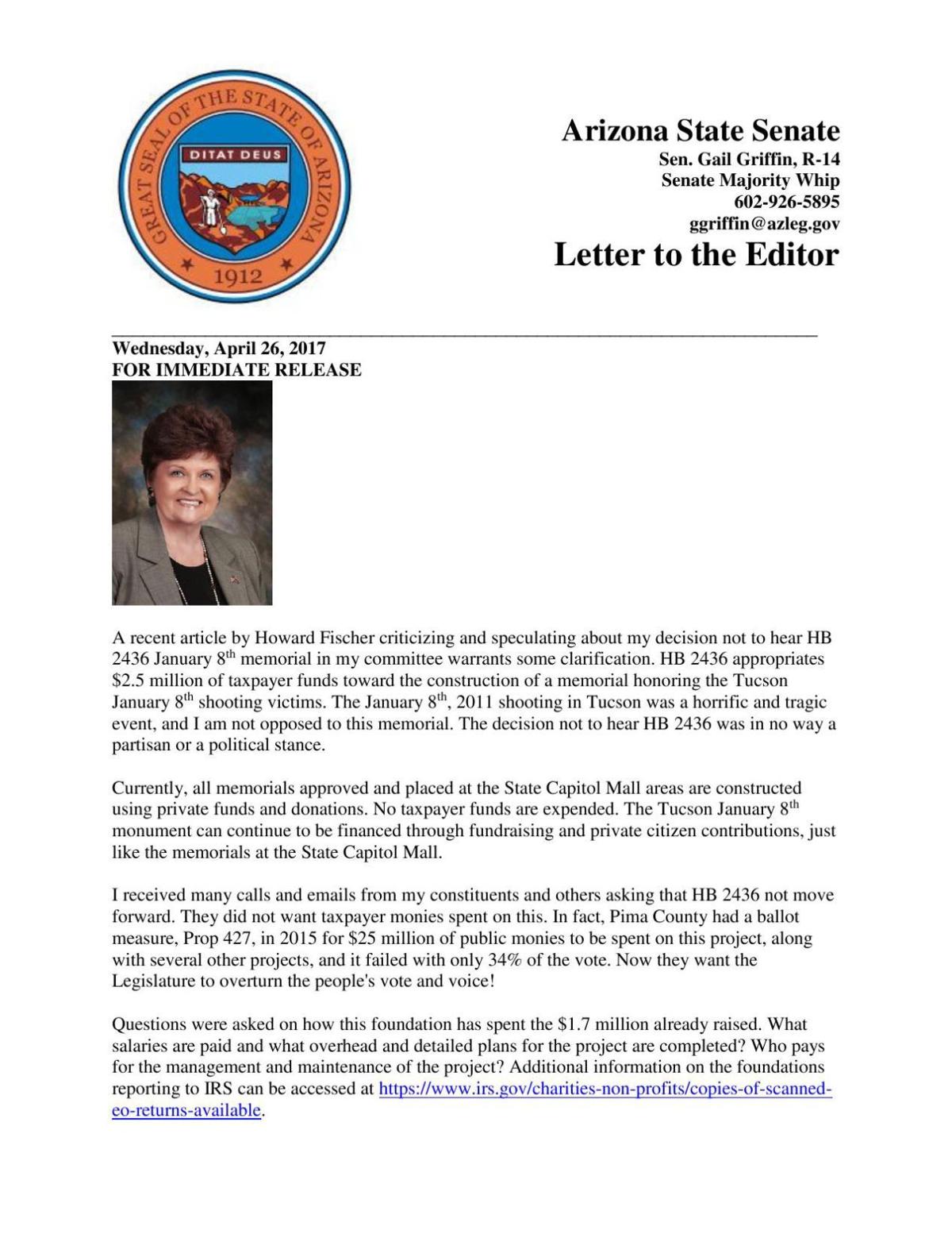 Sen. Gail Griffin position on Jan. 8 memorial