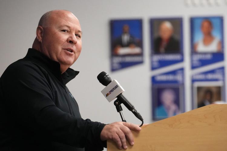 Jim Dean, the executive director of the AIA, speaks during the high school football Championships Media Day at the Arizona Interscholastic Association office in Phoenix on Dec. 1, 2025.