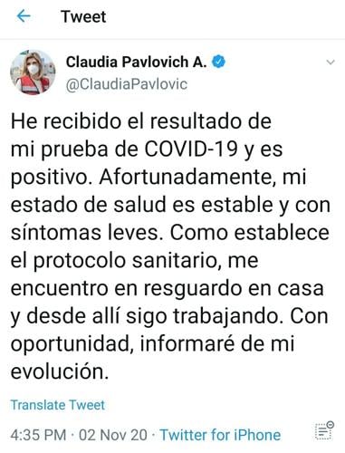 Claudia Pavlovich anunció en Twitter que tiene coronavirus