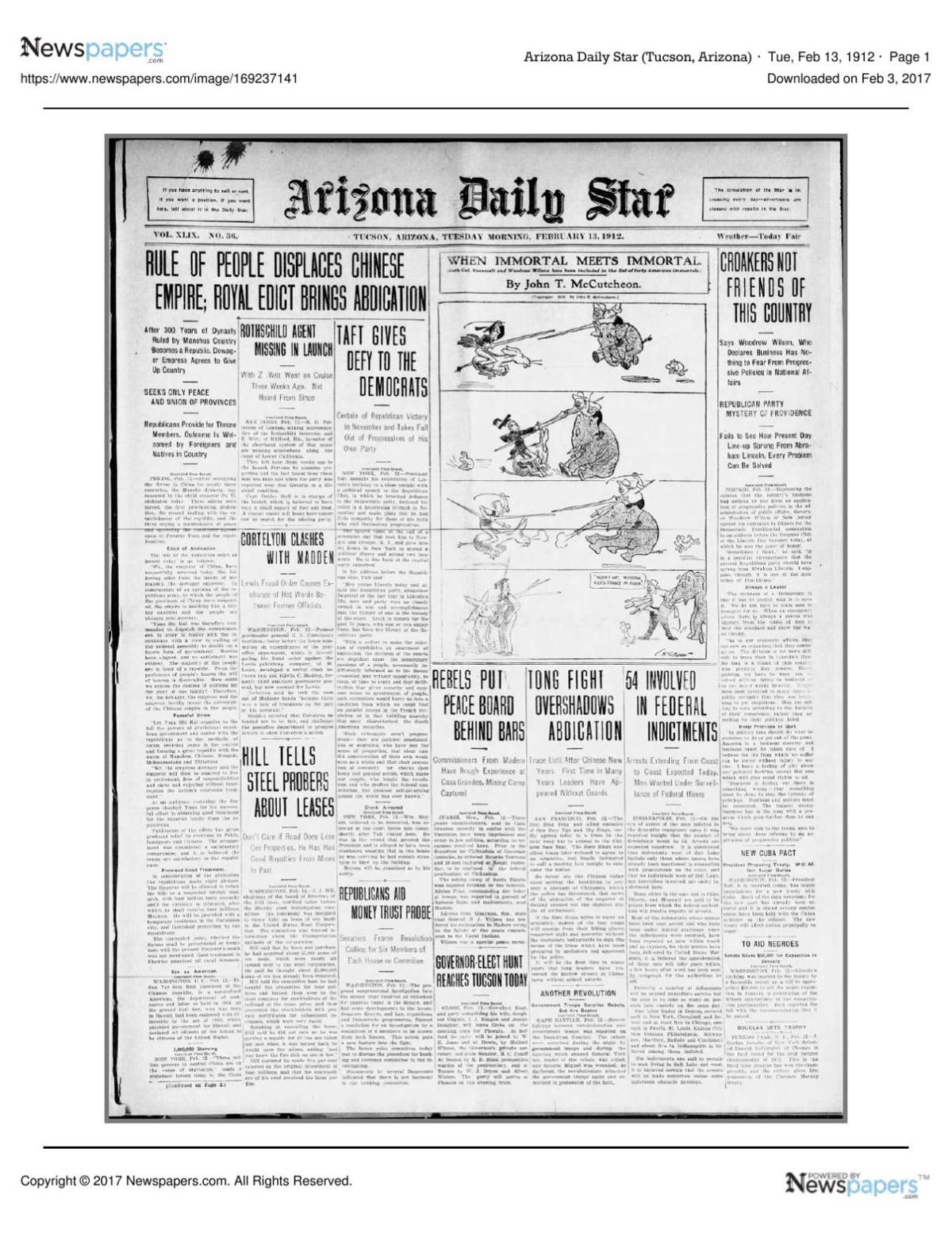 Arizona Daily Star front page Feb. 13, 1912