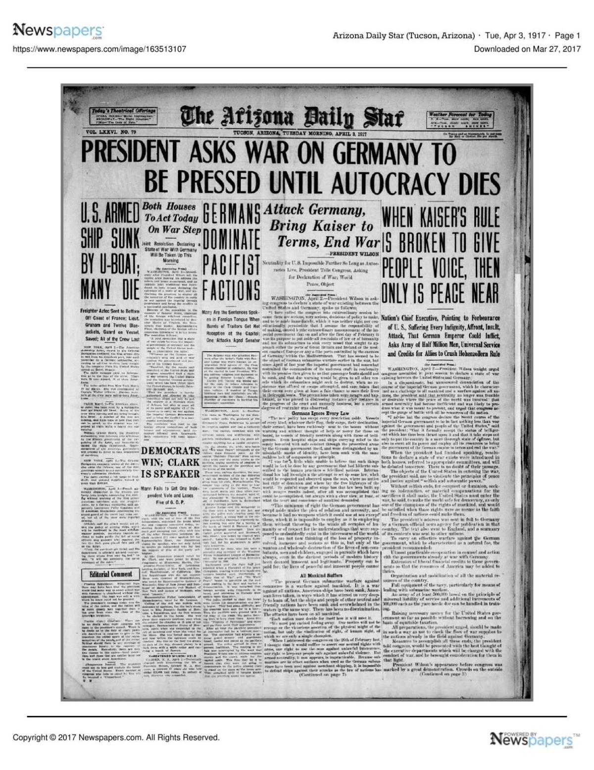 Arizona Daily Star front page April 3, 1917