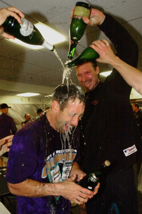 Arizona Diamondbacks slugger Luis Gonzalez celebrates his game