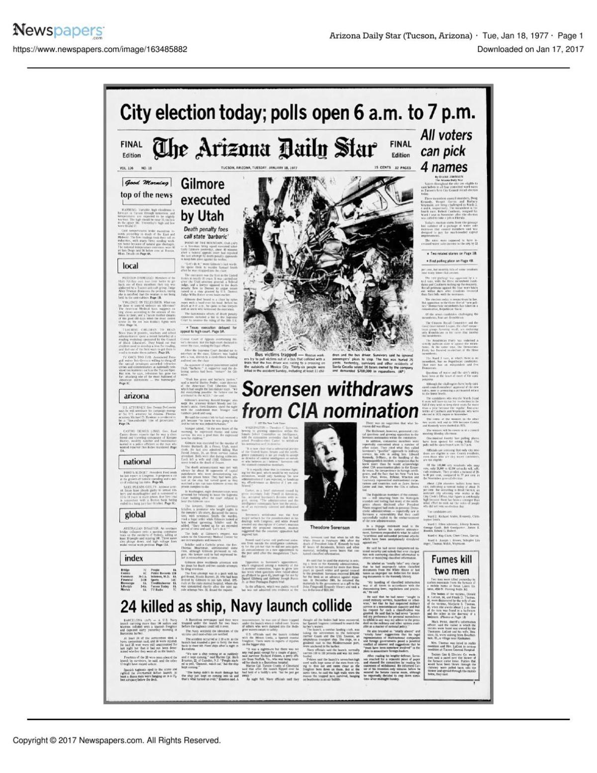 Arizona Daily Star front page Jan. 18, 1977