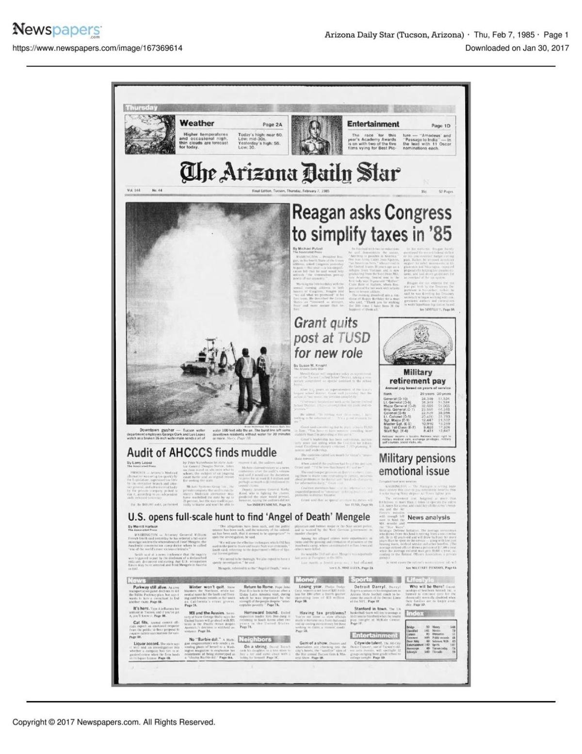 Arizona Daily Star front page Feb. 7, 1985