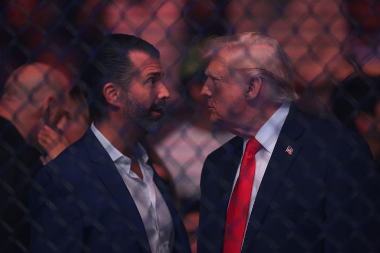 President Donald Trump is seen talking with Donald Trump Jr. during a UFC fight on April 11.