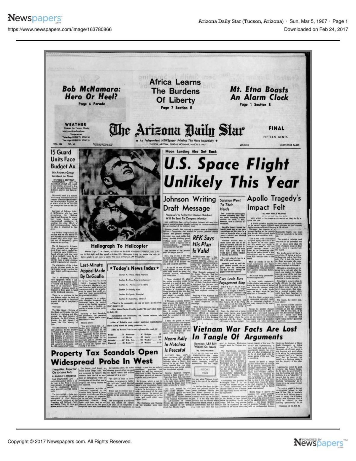 Arizona Daily Star front page March 5, 1967