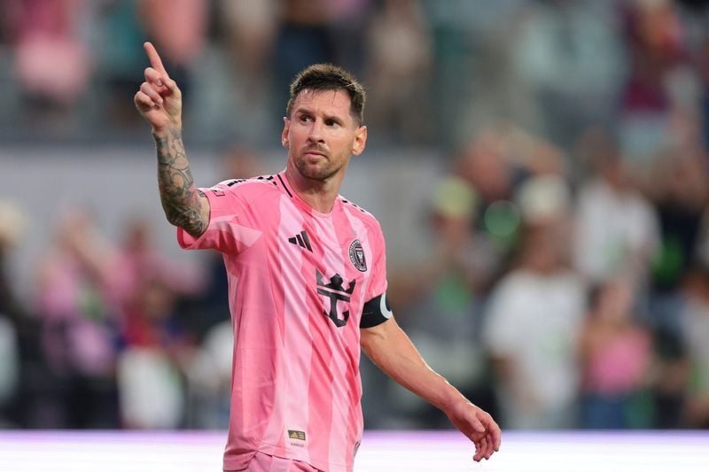 May 17, 2026; Miami, Florida, USA; Inter Miami CF forward Lionel Messi (10) reacts to chants from the fans to Inter Miami CF players against the Portland Timbers during the second half at Nu Stadium. Mandatory Credit: Sam Navarro-Imagn Images