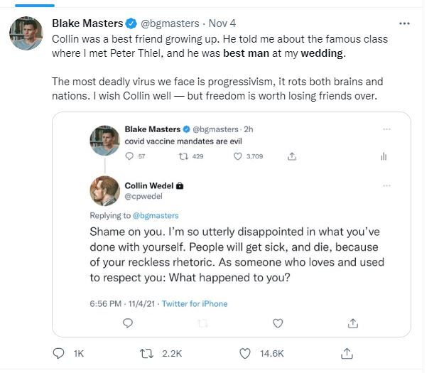 Blake Masters puts best man on blast