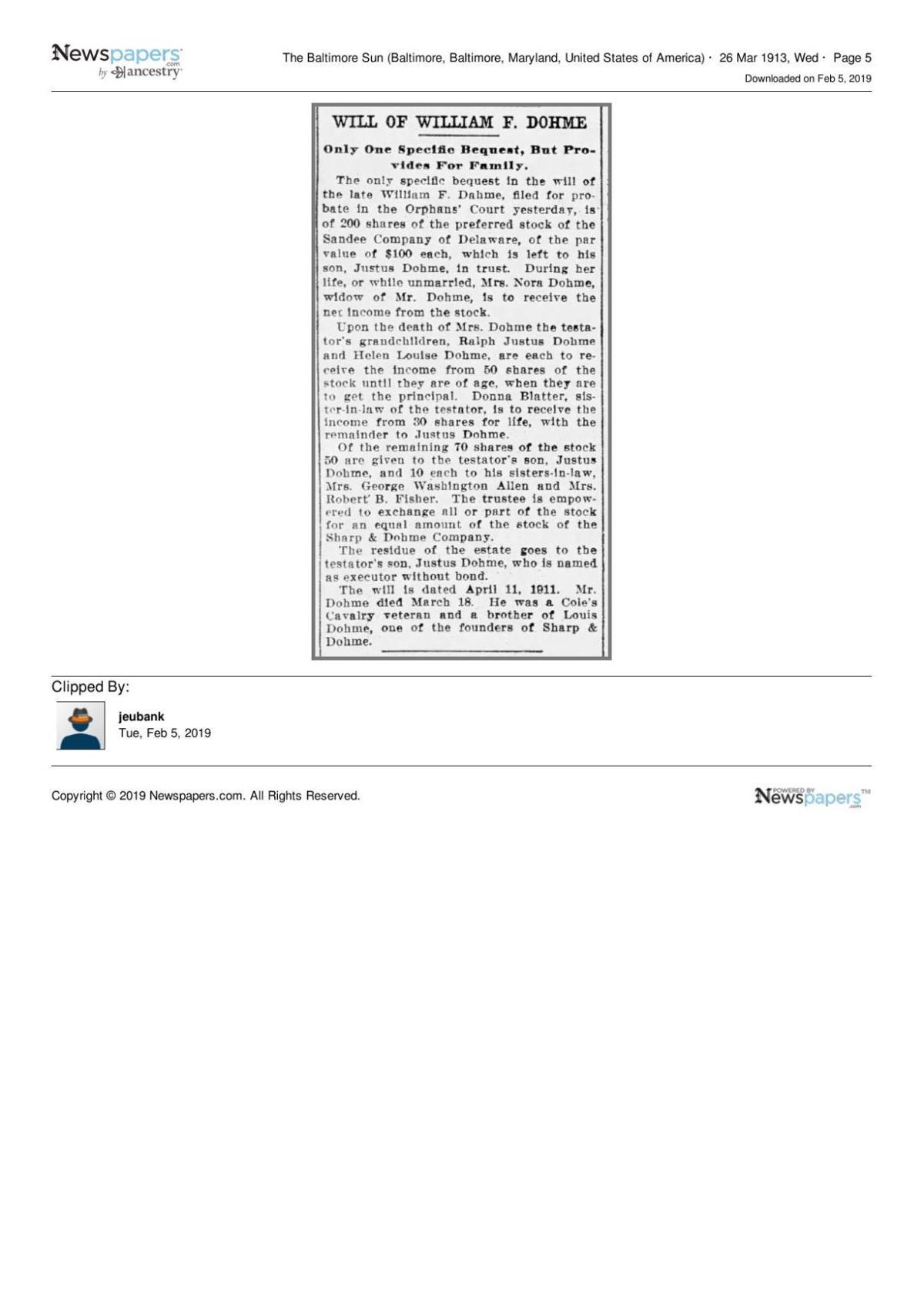 Baltimore Sun article March 26, 1913