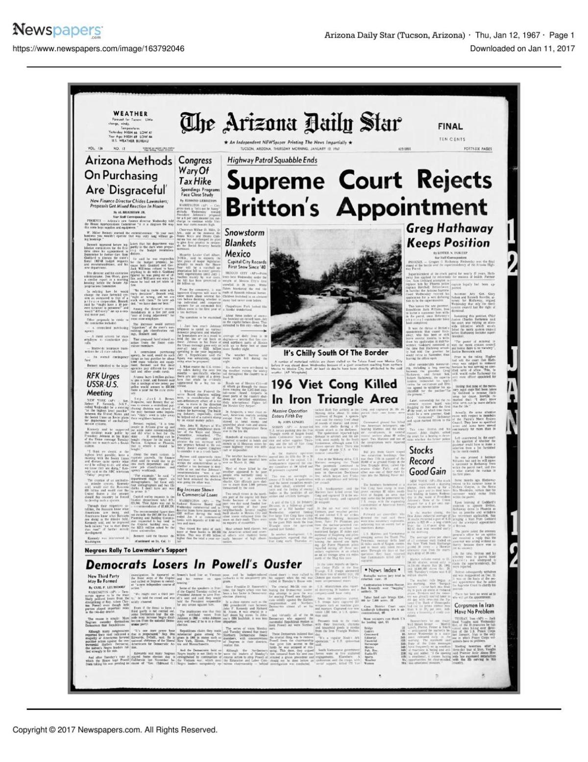 Arizona Daily Star front page Jan. 12, 1967