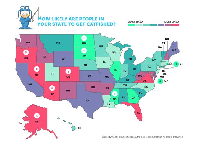 States with the most catfishing victims (adjusted for population)
