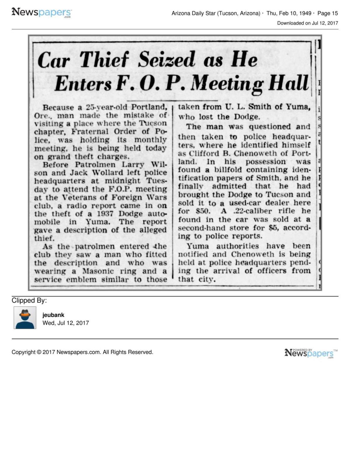Car thief seized as he enters FOP Meeting Hall