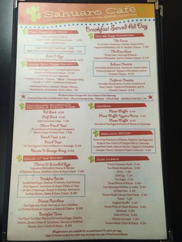 Sahuaro Cafe menu