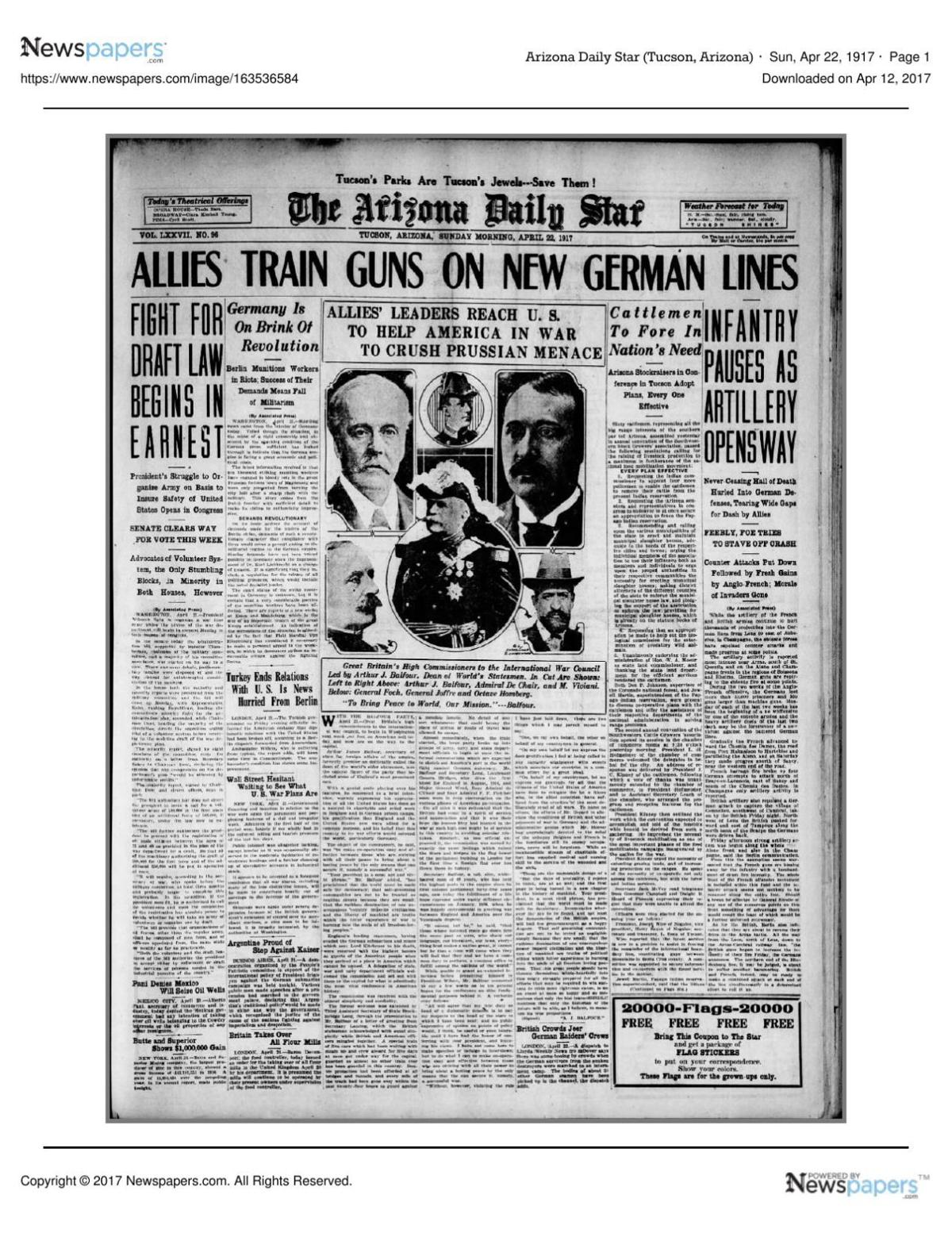 Arizona Daily Star front page April 22, 1917