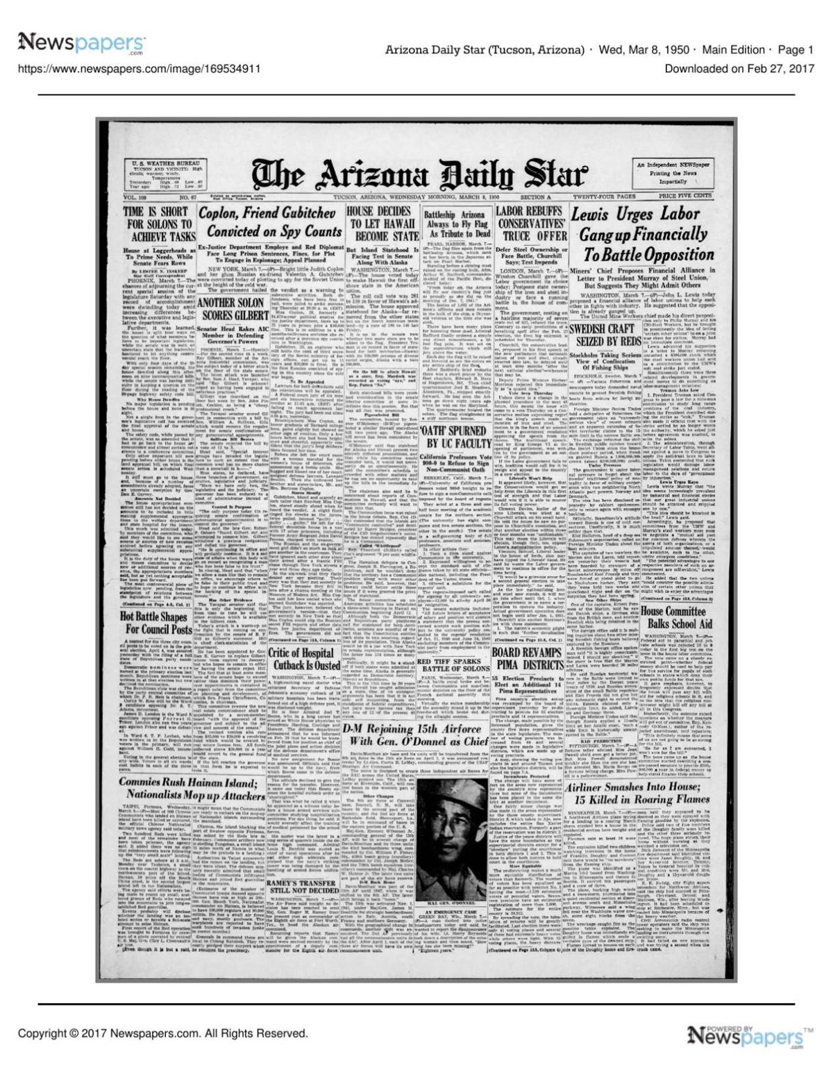 Arizona Daily Star front page March 8, 1950