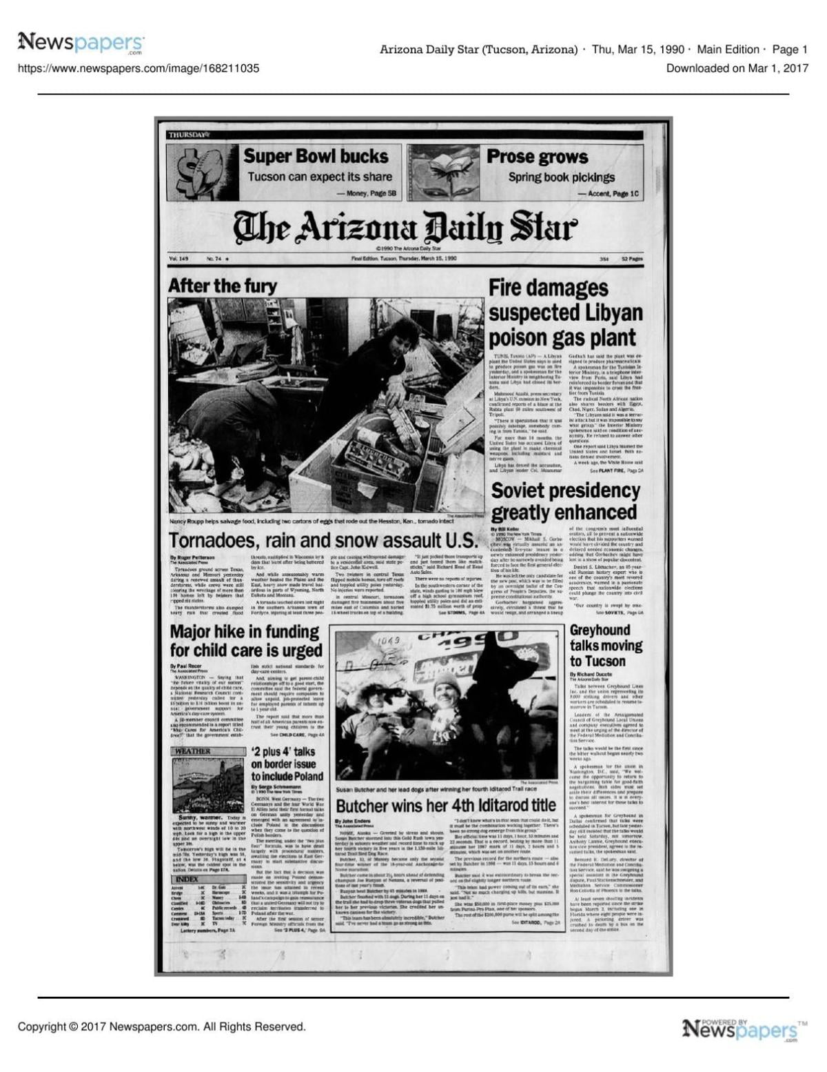 Arizona Daily Star front page March 15, 1990