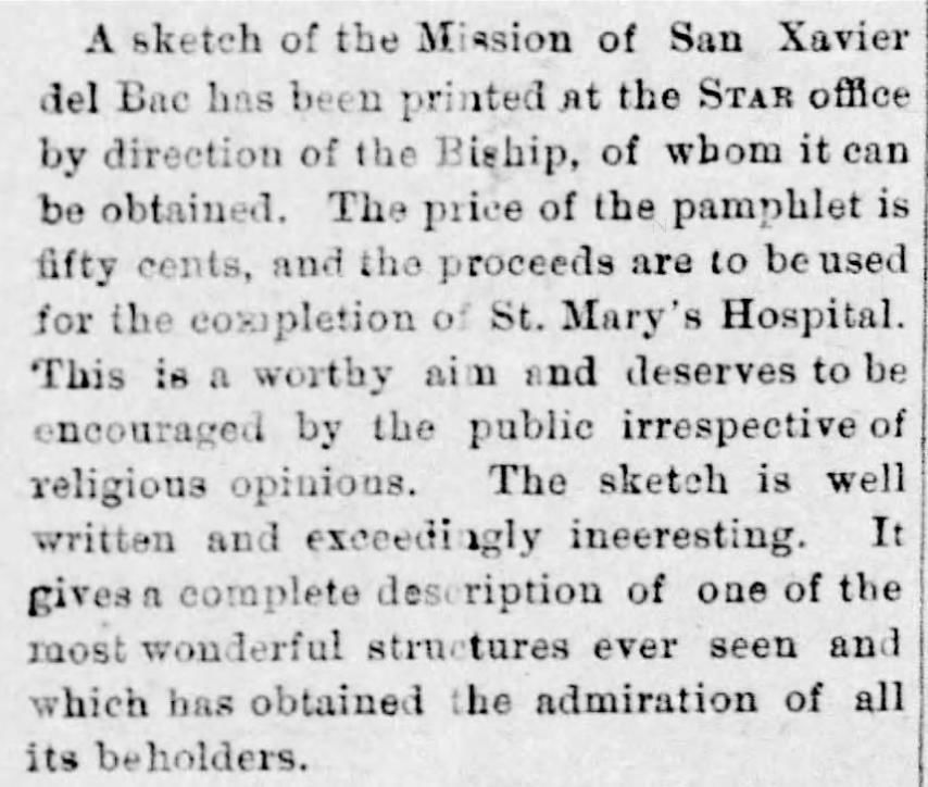 Arizona Daily Star article June 3, 1880, fundraising for St. Mary's Hospital