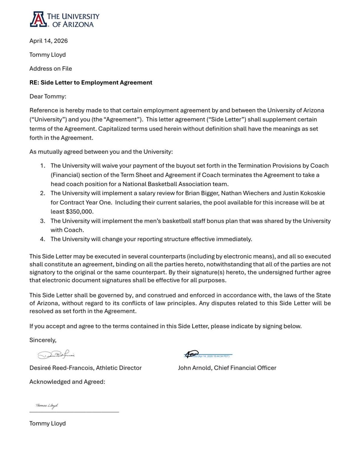 UA's 'side letter' to Tommy Lloyd