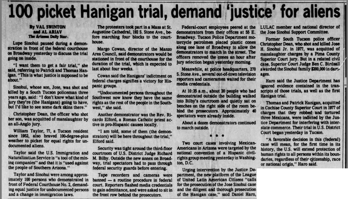 June 27, 1980: 100 picket Hanigan trial, demand 'justice' for aliens