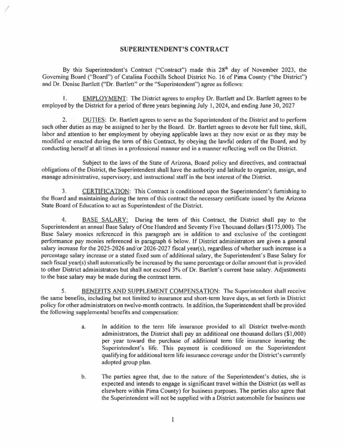 Catalina Foothills School Superintendent Contract