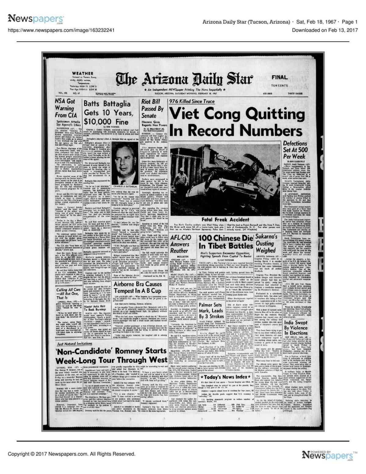 Arizona Daily Star front page Feb. 18, 1967