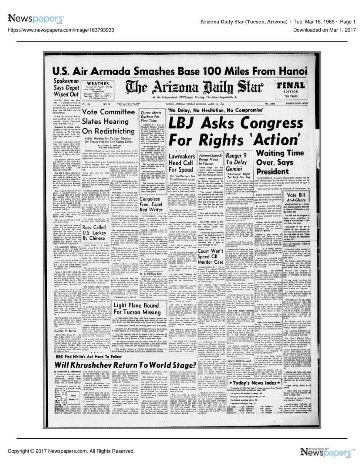 Arizona Daily Star front page March 16, 1965