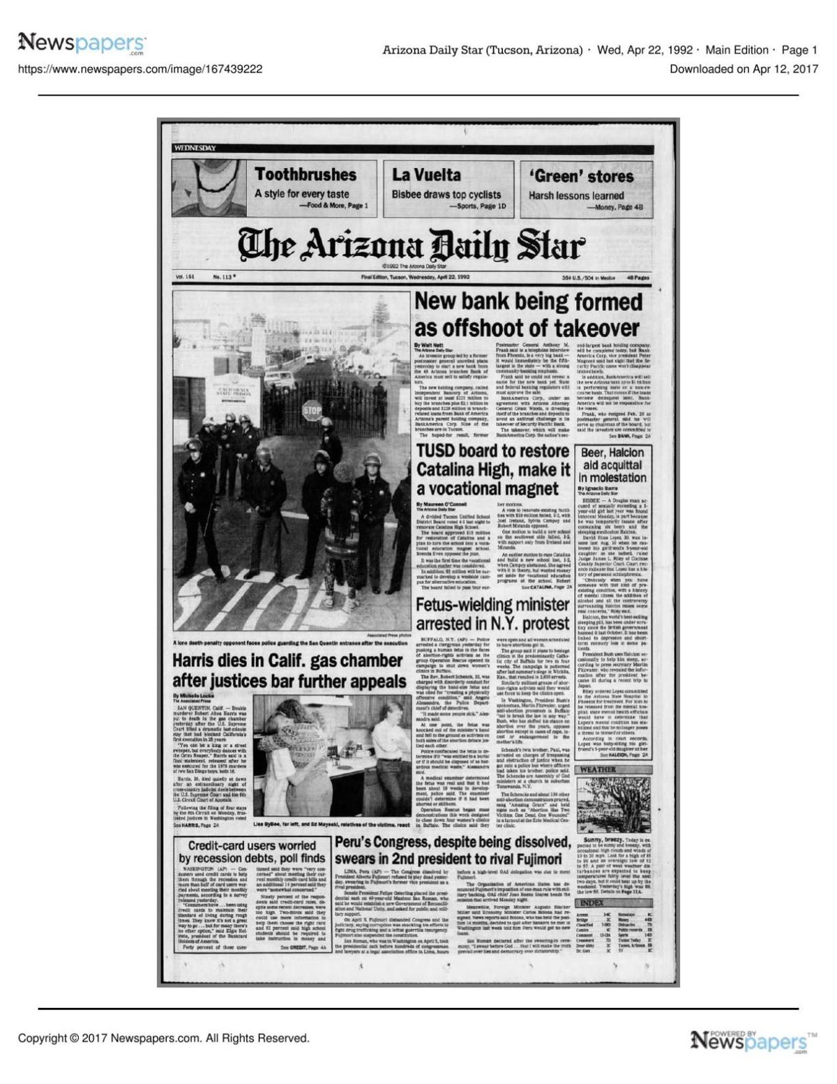 Arizona Daily Star front page April 22, 1992