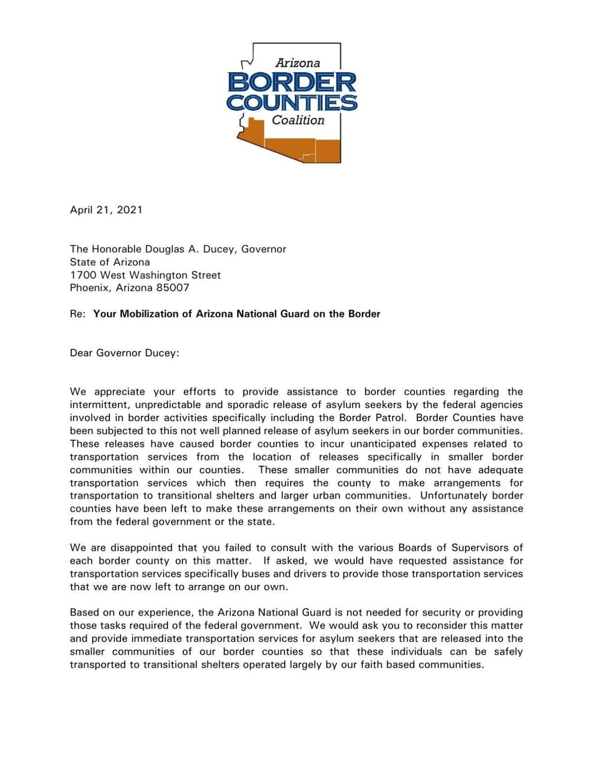 Border Counties Coalition letter opposing Guard deployment