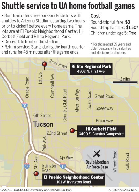 Map: Shuttle service to UA home football games